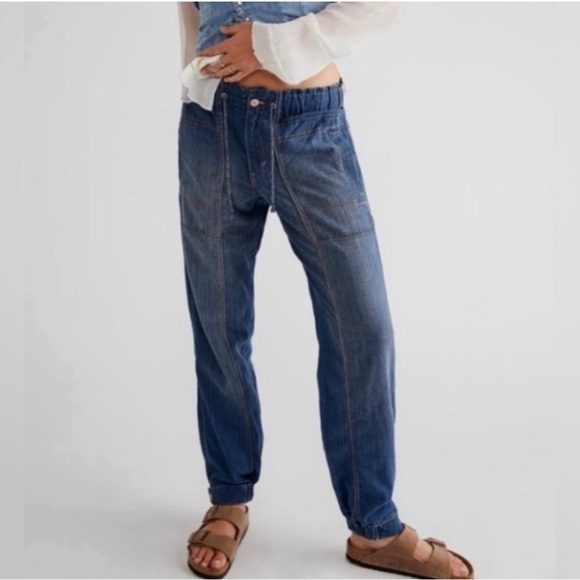 FREE PEOPLE MEDUIM ANGELO TIE WAIST JEANS LOW RISE SLOUCHY CARGO PULL-ON DENIM - Picture 5 of 8